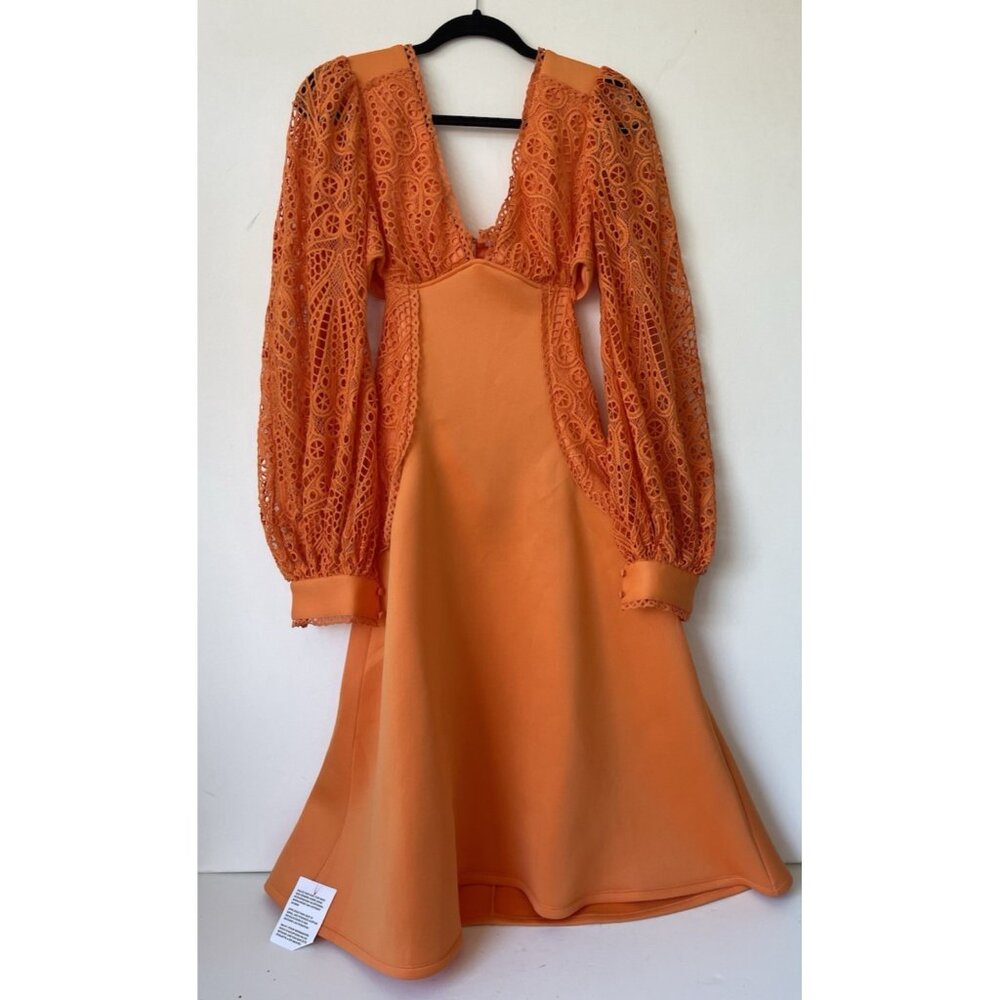 ASOS DESIGN Orange Puff Sleeve Broderie Midi Skater Dress Ruched Bodice NWOT - Picture 5 of 8
